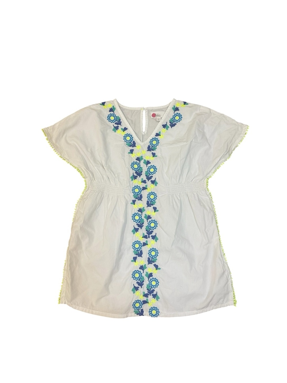 Mini Boden Girls Swimsuit Coverup Pop-Pom Trim White Blue Green Yellow Size 6-7Y